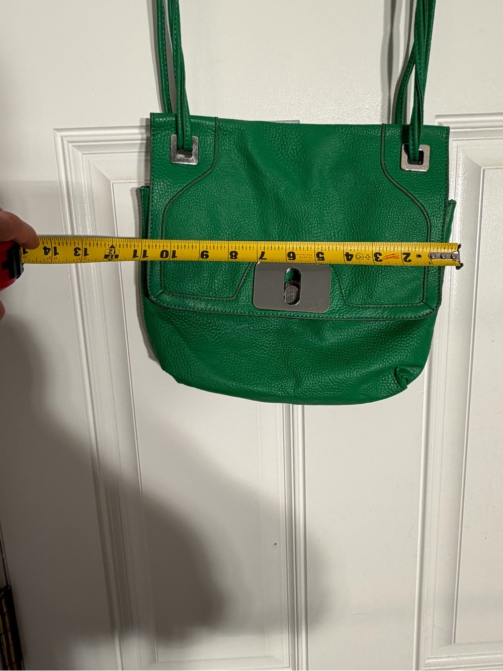 Green Pebbled Crossbody Bag – Flap Turn-Lock – Silver Hardware